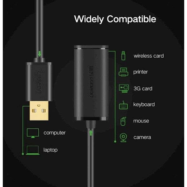 UGREEN USB 2.0 Active Extension Cable with Chipset 20m (Black) (10324)