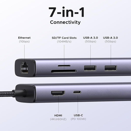 Hub-Ugreen-USB C Hub-W/Gigabit 4K@60Hz HDMI 100W PD-SD/TF-Dock-7 in 1-60515
