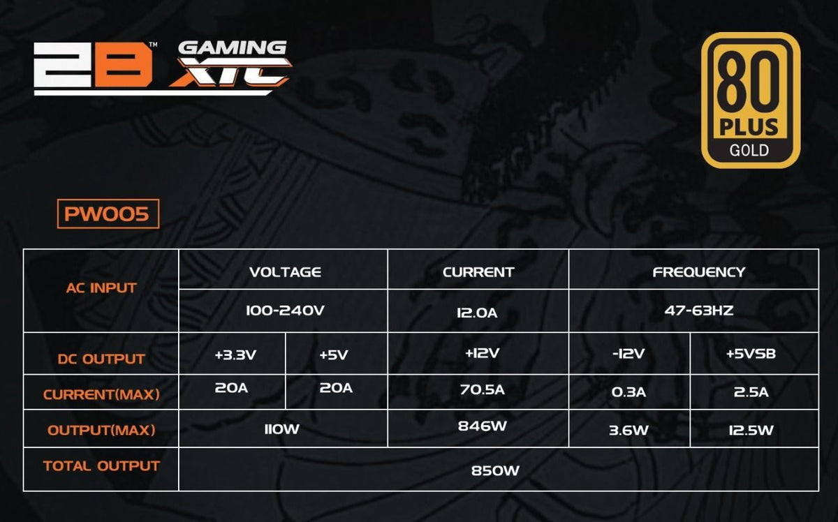 2B (PW005) Ecstasy Gaming Power Supply 850W 80plus Gold