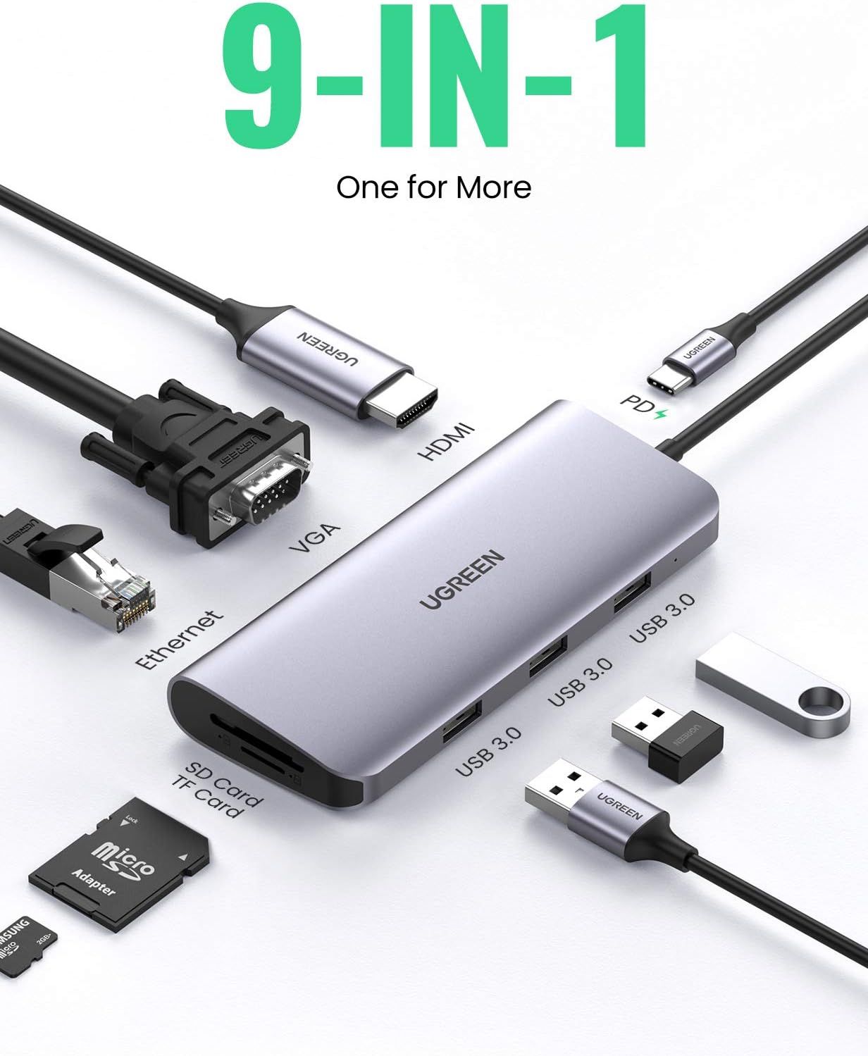 Ugreen-USB C to 3*USB3 A+HDMI+VGA+RJ45 Gigabit+SD/TF+AUX+PD-10-in-1-15601