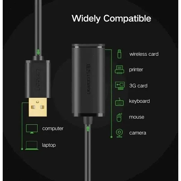 Ugreen USB 2.0 Active Extension Cable with Chipset 15m Black-10323