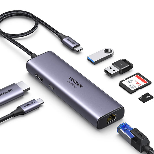 Hub-Ugreen-USB C Hub-W/Gigabit 4K@60Hz HDMI 100W PD-SD/TF-Dock-7 in 1-60515