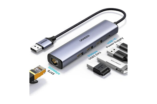 Ugreen USB 3.0 to 3xUSB 3.0 Ethernet Adapter Type C PWR Supply 60554