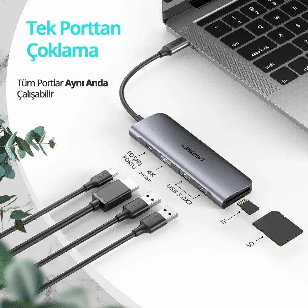 UGREEN USB-C to 2 Ports USB3.0-A Hub + HDMI + TF/SD with PD Power Supply (Space Gray) CM195 (70411)