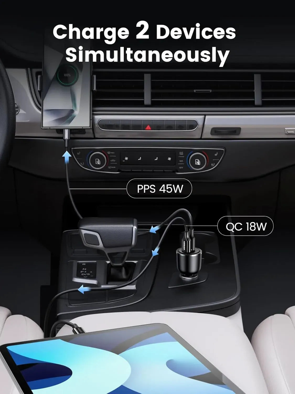 Ugreen-Fast Car Charger-63W-2-Port-USB-C/USB-A Gray-35023
