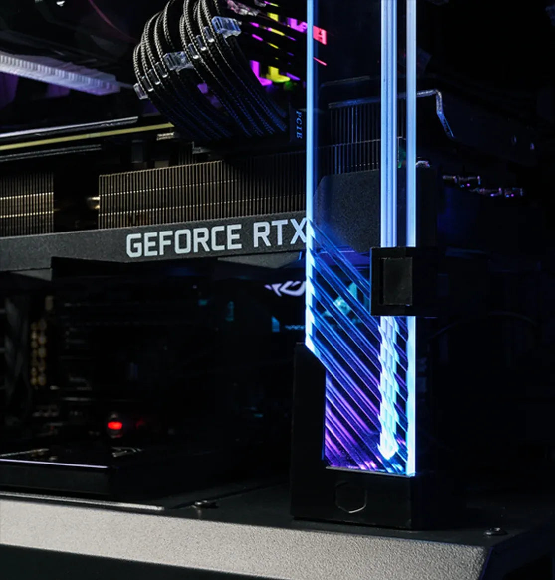 Cooler Master Atlas ARGB GPU support bracket with vibrant RGB lighting and adjustable stand