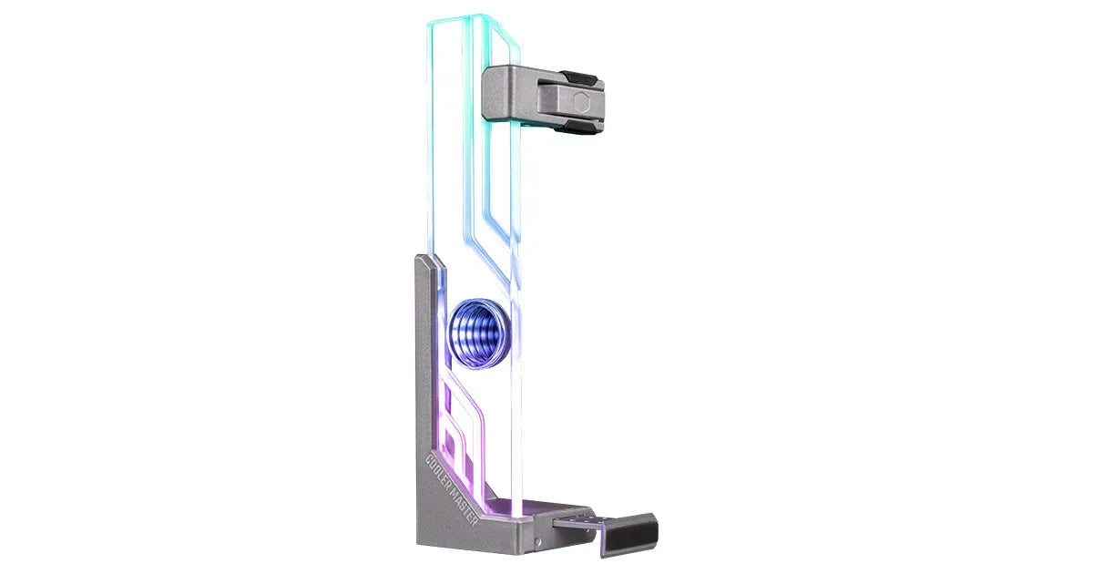 Cooler Master Atlas ARGB GPU support bracket with vibrant RGB lighting and adjustable stand